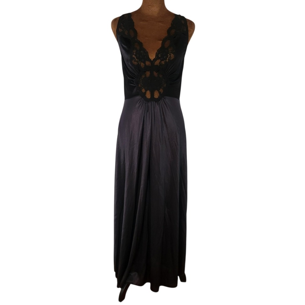 Vintage Inner Most 90s Black Lace Satin Slip Dress Chemise Negligee Nightgown S